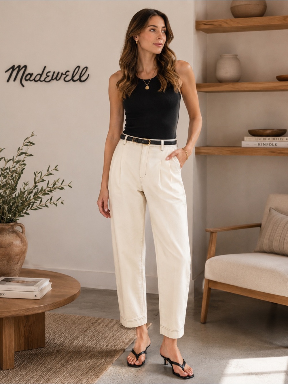 NWT MADEWELL Pleated Straight PANTS Size 8 Cream Cotton N0952